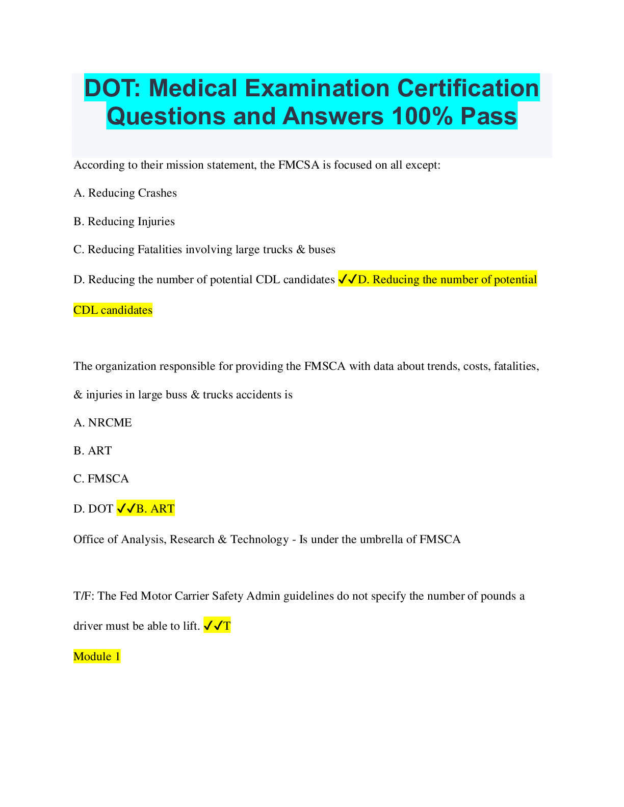 DOT Medical Examination Certification Questions and Answers 100 Pass